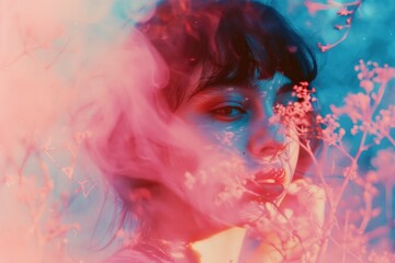 A woman wearing flowers in her hair, perfect for spring or summer themed designs