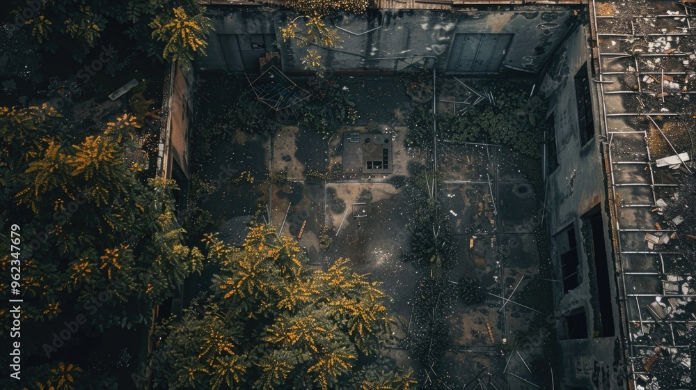 Poster aerial view of a damaged building covered in debris, suitable for use in scenes depicting destructio