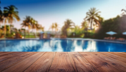 Fototapeta premium Wooden table pool bokeh background, empty wooden desk product display mockup with blurred tropical hotel abstract poolside summer travel background advertising presentation. Mockup, copy space. 