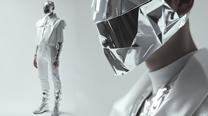 A futuristic fashion model wears a white, silver, and reflective outfit and mask with a geometric design.