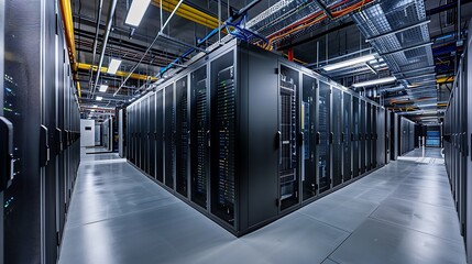 An interior of a modern data center with rows of servers and cooling systems. 32k, full ultra hd, high resolution