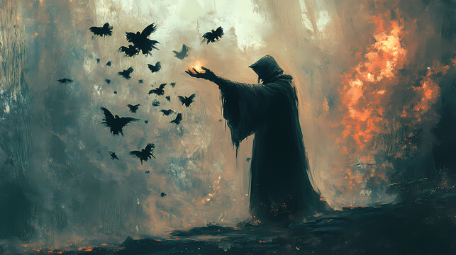 Evil sorcerer casting a spell to release the black insects from his hands, digital art style, illustration painting. Sorcerer. Illustration