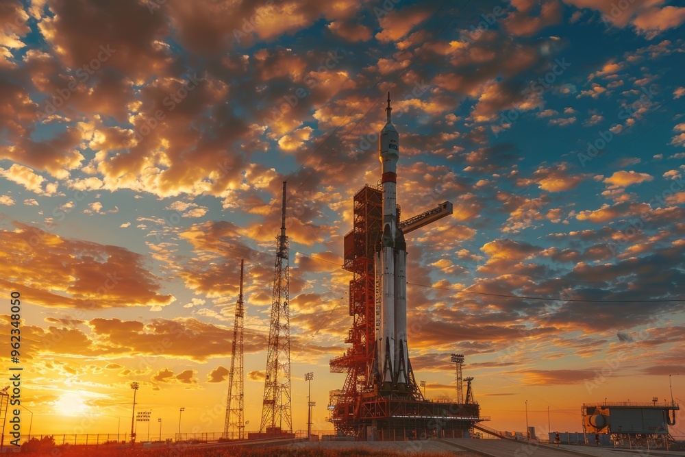 Poster a futuristic space station with a rocket launchpad on top, suitable for sci-fi and technology illust