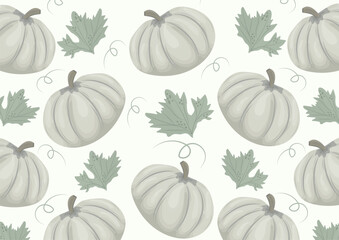 autumn horizontal poster with green round pumpkins with various autumn leaves with reduced transparency, vector