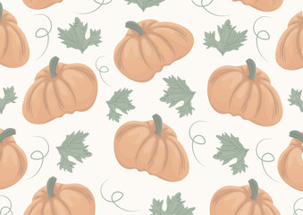autumn horizontal poster with orange round pumpkins with various autumn leaves with reduced transparency, vector