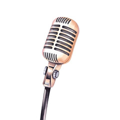 Classic microphone on a stand, perfect for music events, podcasting, and broadcasting, capturing vintage charm and modern function. watercolor style