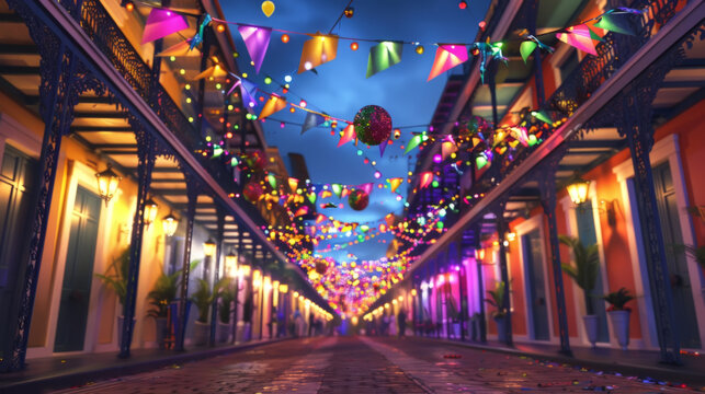 Festive Mardi Gras Street Decorations at Night