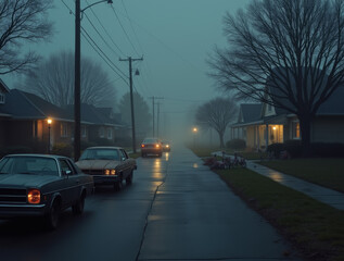 Nebeliger Abend in einer Wohnstraße