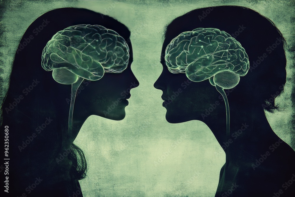 Poster brain regulatory intellectual prowess silhouettes of two heads facing each other with leafy brain pa