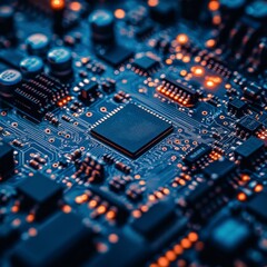 Fototapeta premium Futuristic Digital Network Circuit Board in Blue and Black