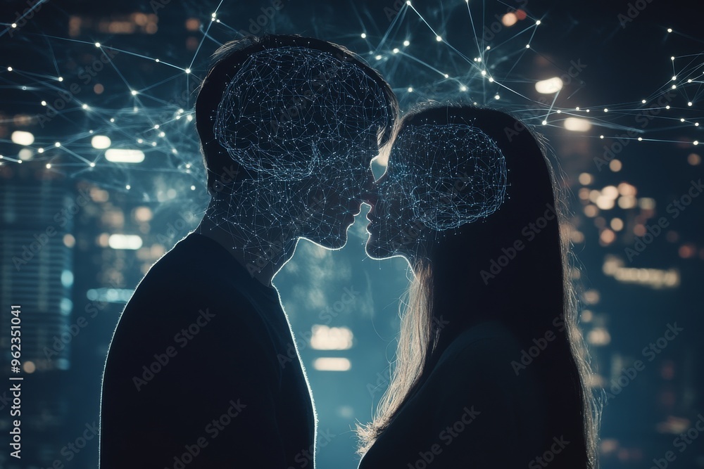 Poster brain function intellectual prowess silhouettes of a couple with a digital brain connection symboliz