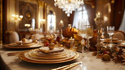 A table with a large number of plates, glasses, and candles