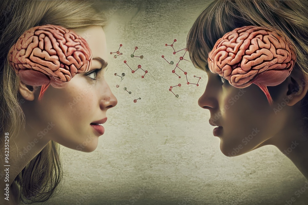 Poster brain tissue studies intellectual prowess two people with exposed brains and abstract visualizations