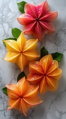 Carambola fruit of different colors on a table