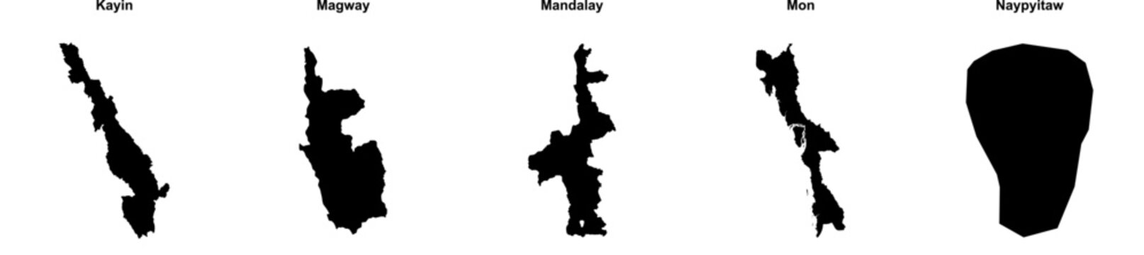 Kayin, Magway, Mandalay, Mon, Naypyitaw outline maps