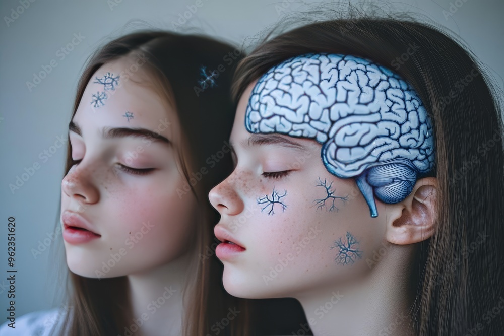 Poster neural structure cognitive genius young girls with brain visualizations one with a standard brain an