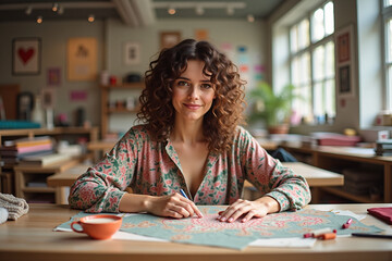 Fototapeta premium Young woman designer creating pattern on silk fabric in modern studio