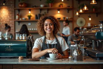Young woman barista skillfully crafts coffee in trendy cafe