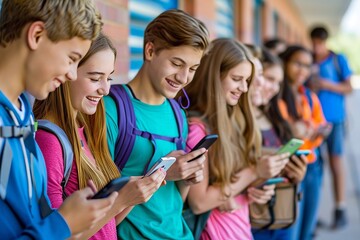Joyful teenagers engaged with smartphones together in a vibrant high school environment
