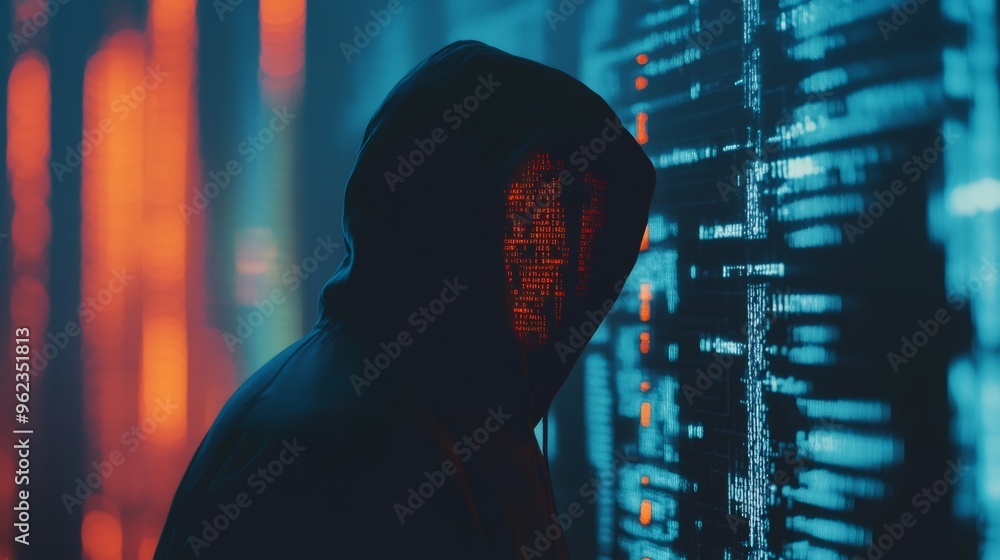 Poster a hooded figure stands in front of a screen displaying lines of code, their face obscured by a glowi