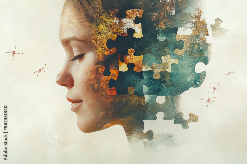 Poster neurobiomechanics cognitive genius woman with a puzzle like face and missing pieces symbolizing the 