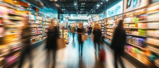 Blurred Motion of Shoppers in a Well-Lit Supermarket Aisle