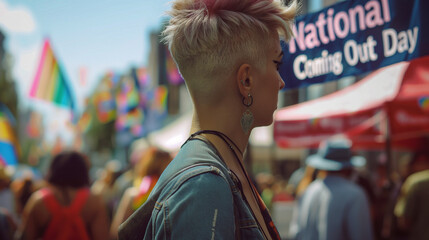 Person with stylish short hair at a National Coming Out Day celebration.