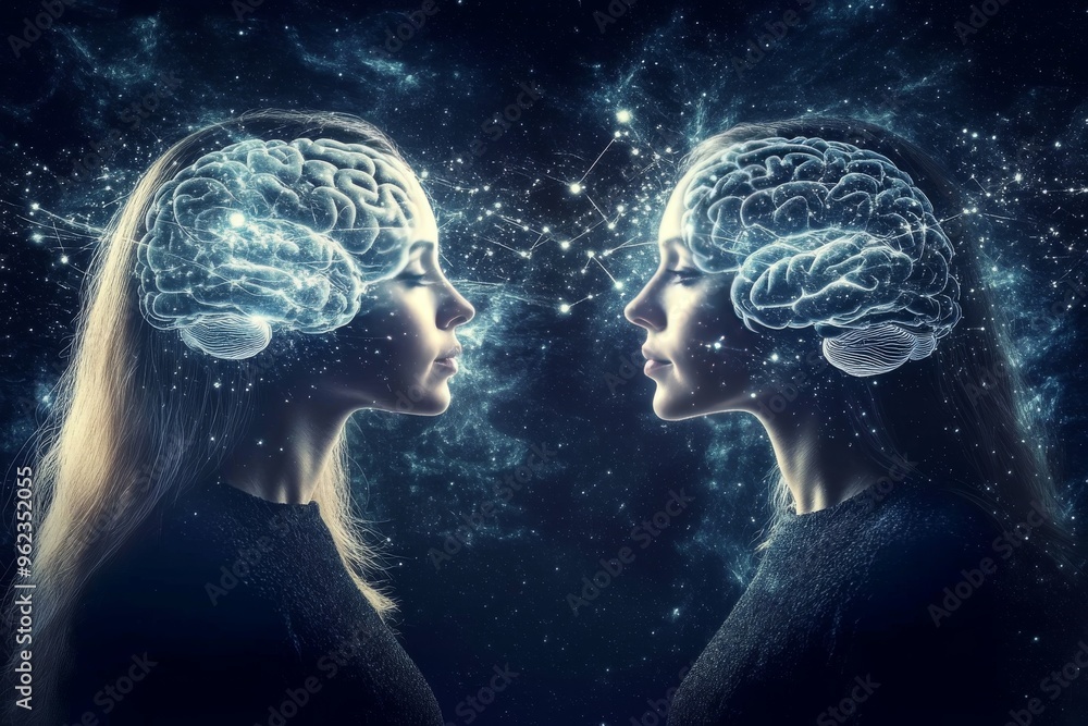 Poster neuronal dynamics cognitive genius two glowing abstract female profiles with bright brain visualizat
