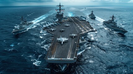 An aircraft carrier with its planes ready to take off and its escort ships in the ocean