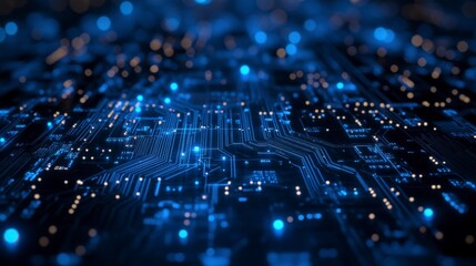 Futuristic Digital Network Circuit Board in Blue and Black