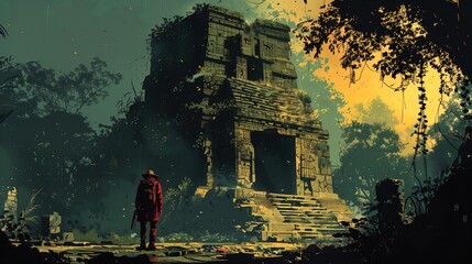 Cartoon of an explorer arriving at an ancient Mayan pyramid in Central America.