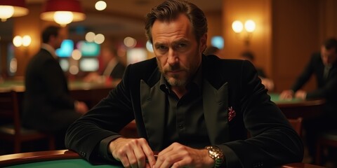 A sophisticated man in a tuxedo sits at a poker table, exuding confidence and intensity in a luxurious casino setting.
