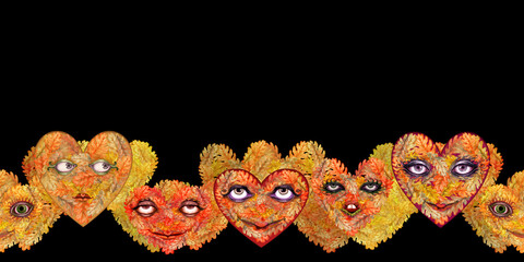 Seamless border of heart with a mask with eyes and a smile of autumn orange oak leaves. Watercolor illustration. Template with foliage texture, for sticker, poster for Harvest, Thanksgiving, Halloween