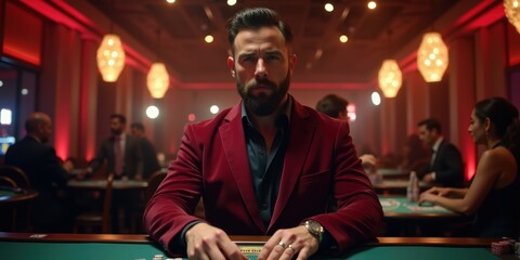 A confident man in a red blazer sits at a casino table, embodying elegance and intrigue in a high-stakes gaming environment. Ideal for gambling or nightlife themes.