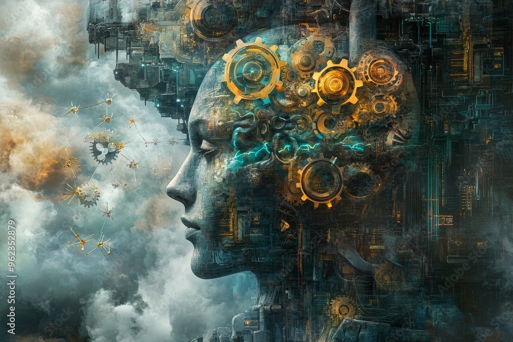 Aufkleber brain system pathways cognitive genius steampunk inspired mechanical face with gears and circuits sy