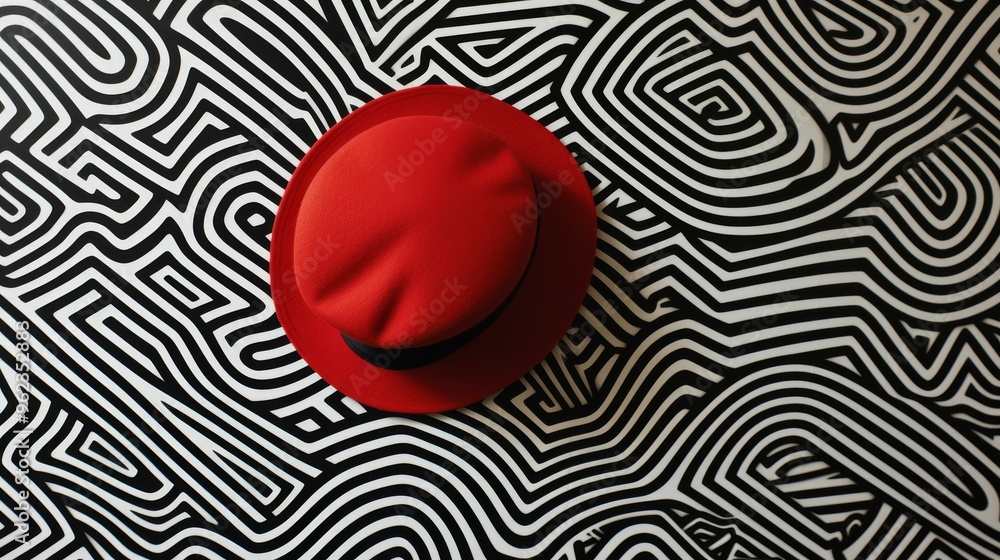 Poster striking image of a red hat placed on a black and white abstract background, featuring bold, labyrin