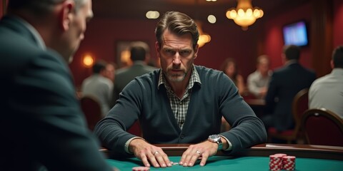 Intense poker game in an upscale casino setting, showcasing a focused player and high-stakes atmosphere. Ideal for gambling, gaming, and leisure industry visuals.