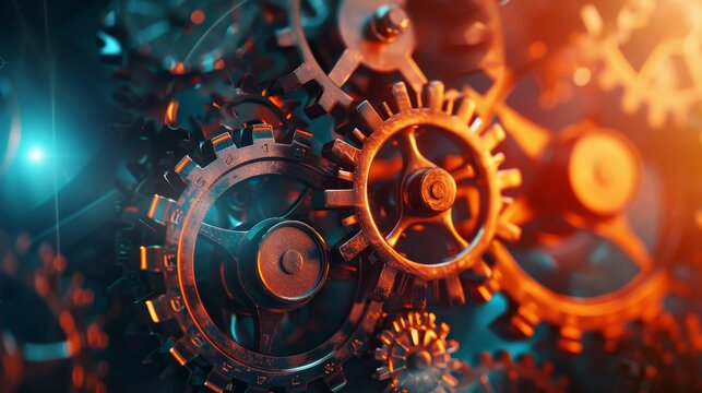 Interlocking gears on abstract background  symbolizing efficiency and harmony in modern business