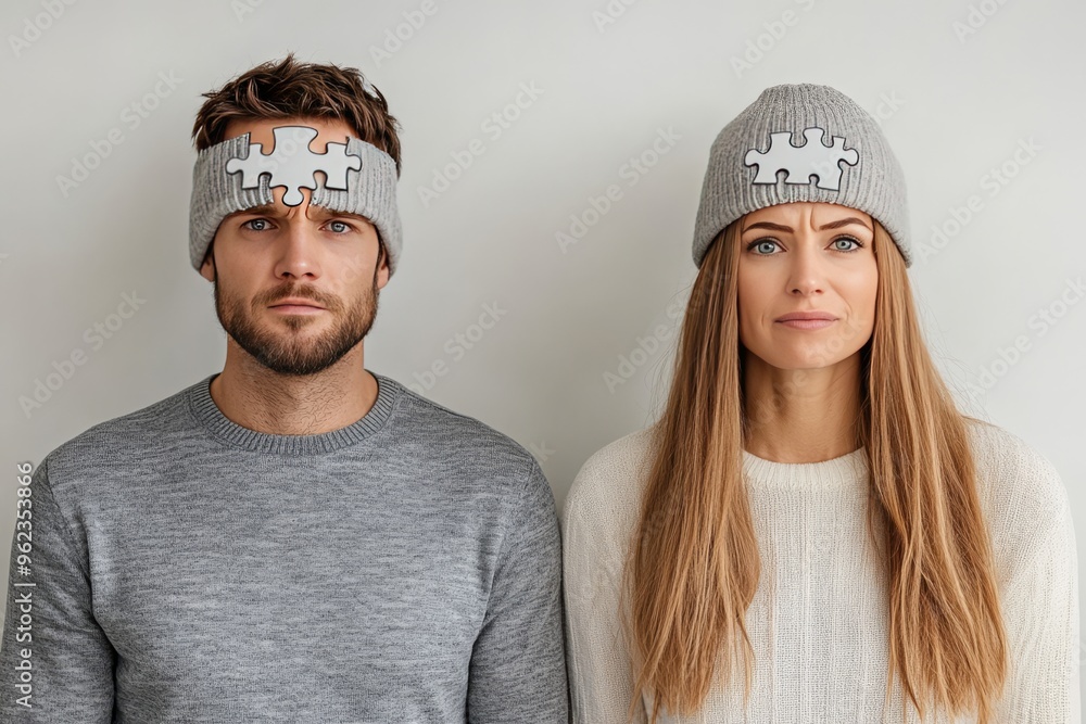 Poster neural development cognitive genius couple with puzzle piece beanies symbolizing the interconnectedn