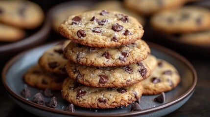 Close-up of a stack of freshly baked chocolate chip cookies on a gray plate, with additional cookies in the background.