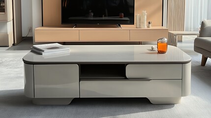 Modern grey coffee table with storage and a glass top in a stylish living room setting.
