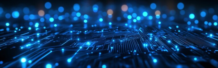 Futuristic Digital Network Circuit Board in Blue and Black
