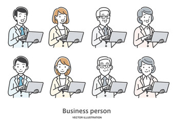 パソコンを操作する老若男女の会社員のイラストセット