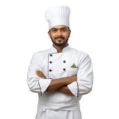 Smiling Indian Chef. Cut out, white background, png.