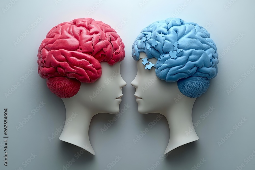 Poster neuronal dynamics creative intellect red and blue mannequin heads facing each other symbolizing the 