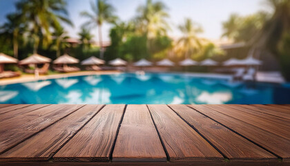 Wooden table pool bokeh background, empty wood desk product display mockup with blurry tropical hotel resort abstract poolside summer travel backdrop advertising presentation. Mock up, copy space.