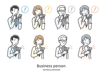 スマートフォンを操作する会社員の男女のイラストセット