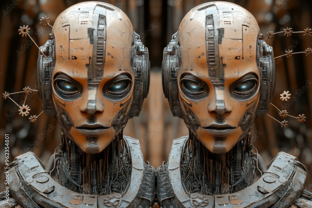 Poster brain microcircuits creative intellect robotic faces with intricate designs representing the fusion 