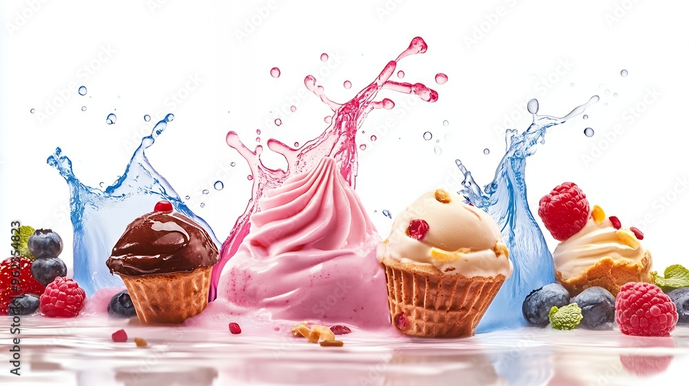 Poster three delicious ice creams with various toppings are splashed with colored liquid isolated on white 