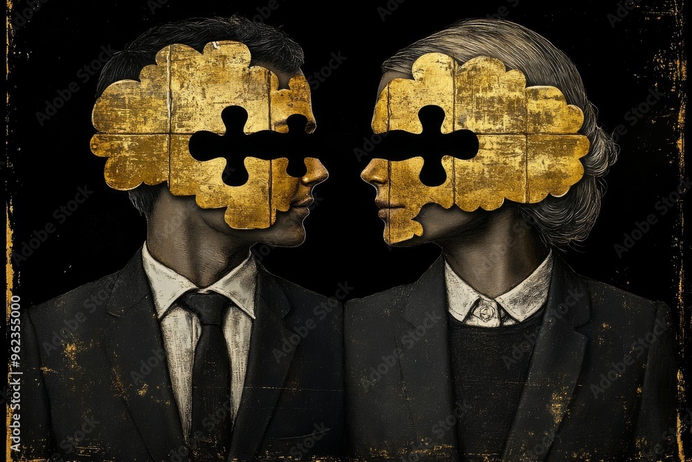 Poster brain neurobiology creative intellect abstract male profiles with golden puzzle pieces symbolizing t